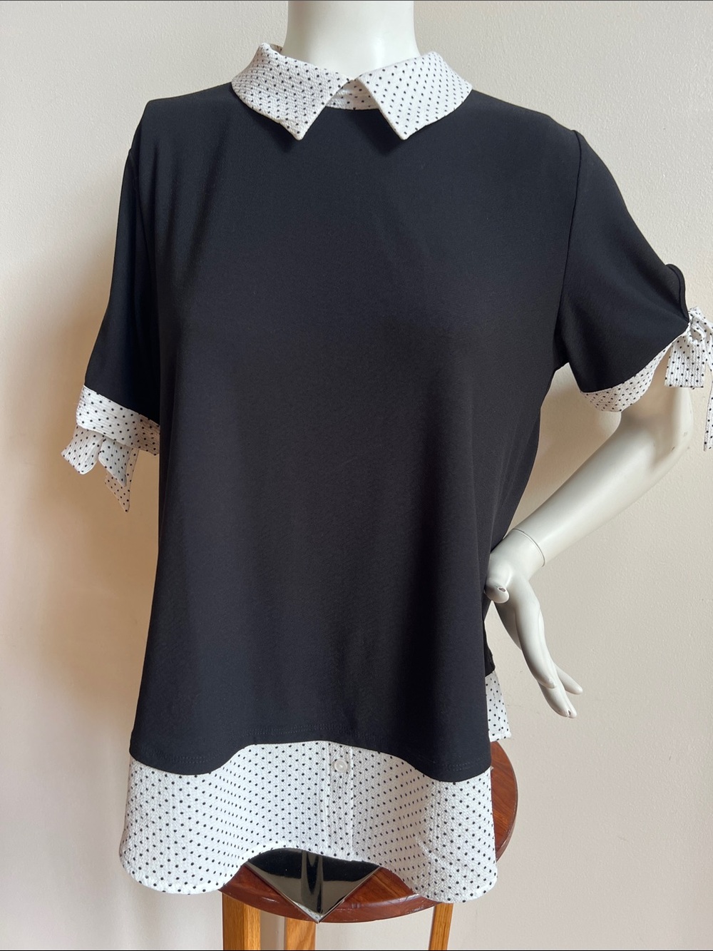 Faith and Joy Black Blouse with White Polka Dot Trim